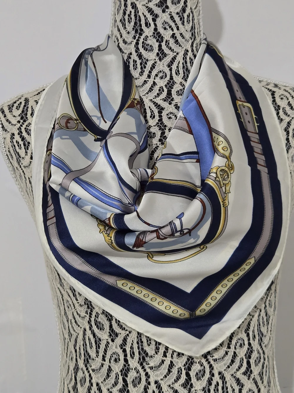Silk-Feel Navy & White Printed Women's Scarf